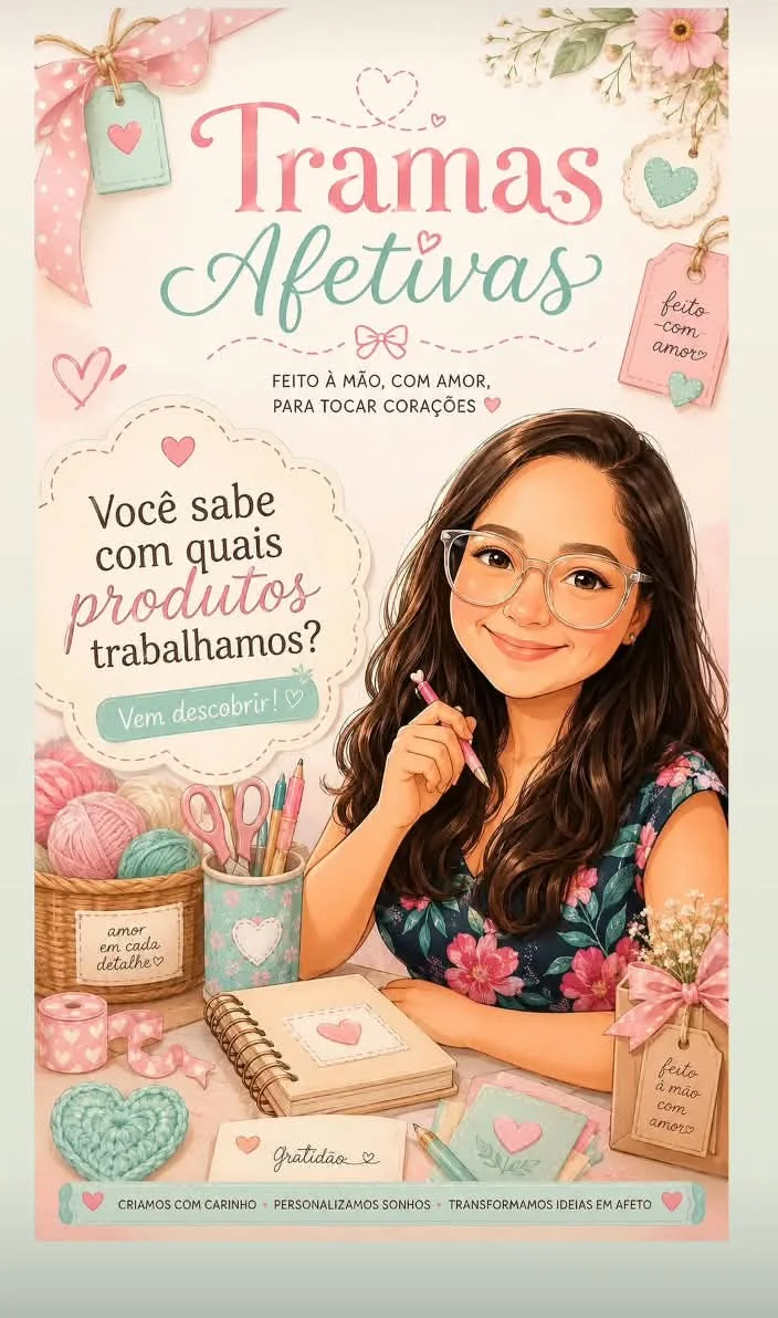 Ilustração da Sarah, artesã da Tramas Afetivas, em seu espaço criativo
